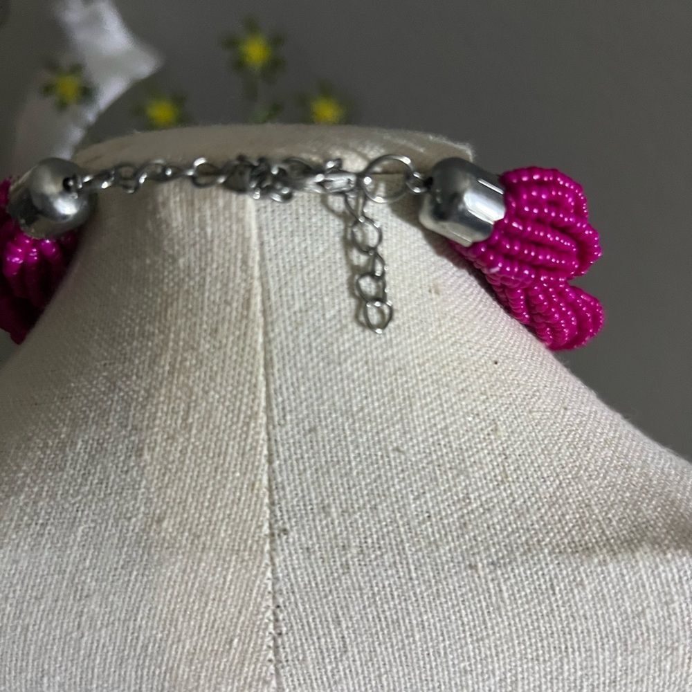 Elegant Seed Bead Necklace Braided Bib Pink Statement Silver Tone 9” EUC - Picture 2 of 2